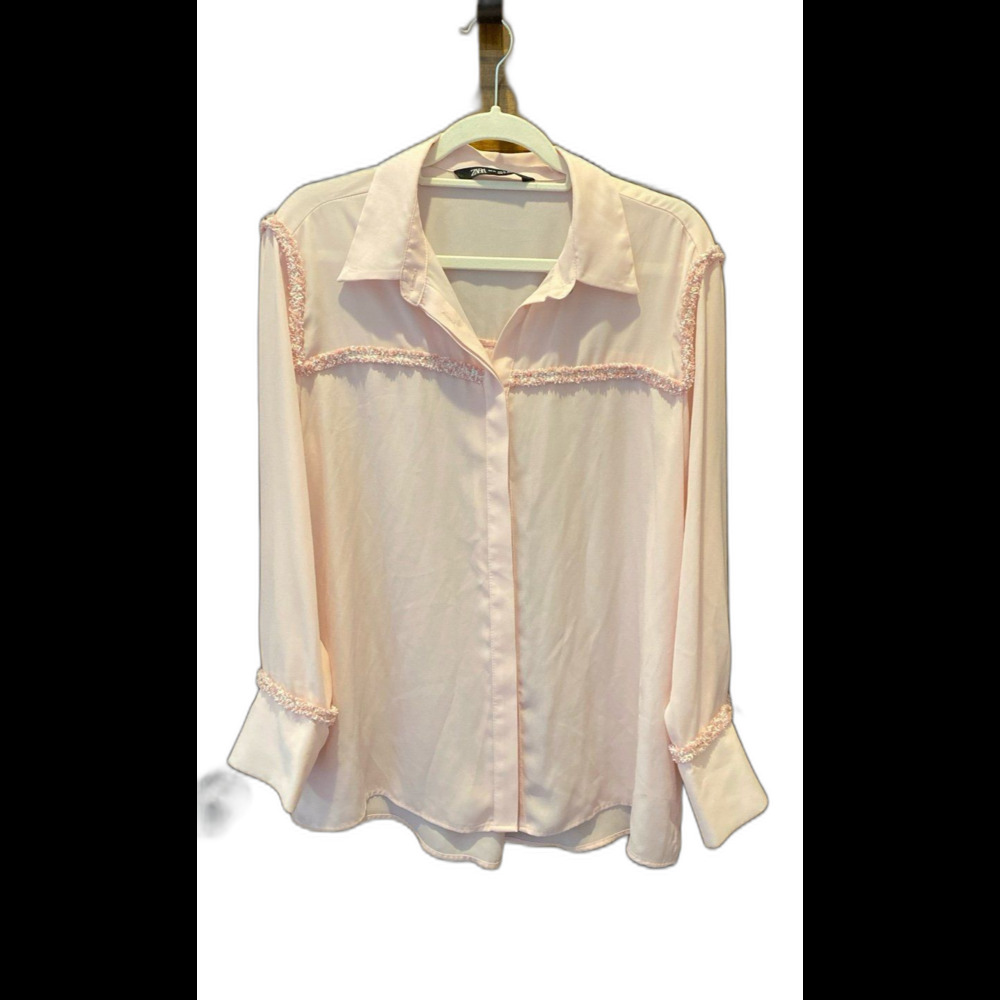 Zara Blouse Plus Size XL Soft Pink Button Down Unique‎ Trim Feminine Sheer Sexy